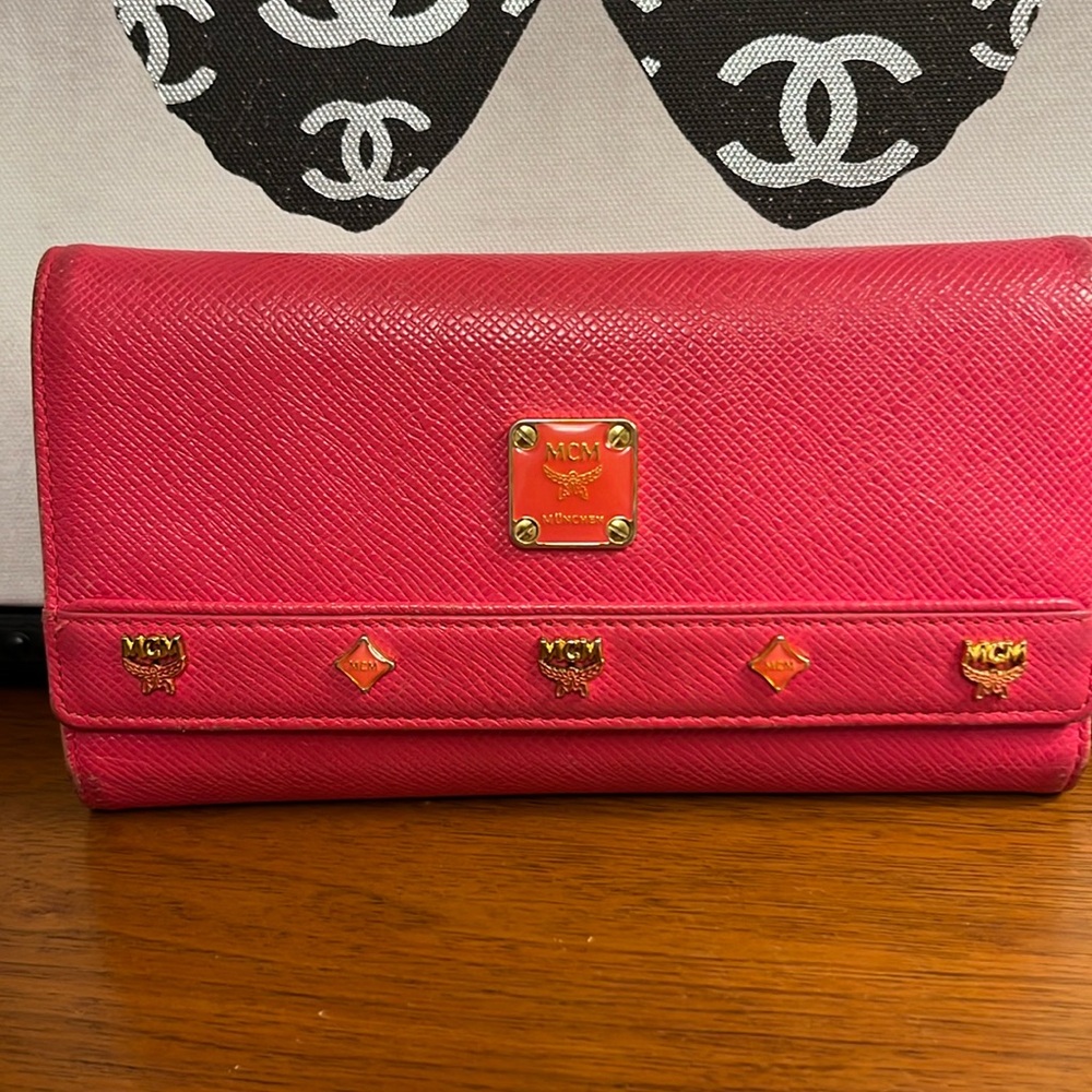 MCM Hot Pink Trifold Leather Long Wallet A278
